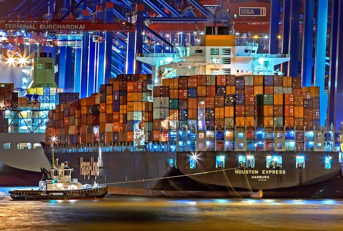 Container-Frachter im Hafen Hamburg