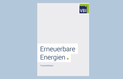 Cover Leitfaden "Erneuerbare Energien": blauer Schriftzug vor grauem Hintergrund