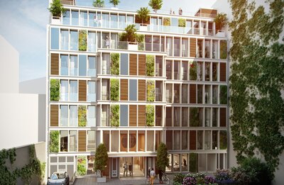 Neubauprojekt "Bundesallee 215" in Berlin: Mehrparteienhaus über 5 Etagen, Glasfassaden, Aufrechte Rechteckform der Fenster
