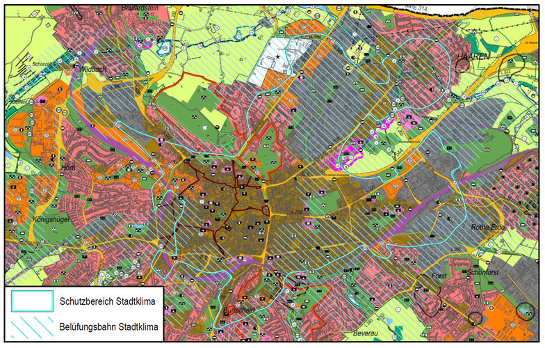 Ausschnitt aus dem Flächennutzungsplan der Stadt Aachen: flächen in verschiedenen Farben
