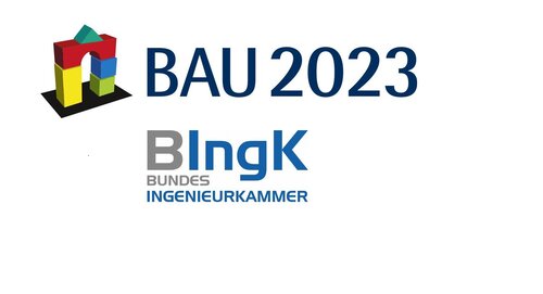 Collage auf weißem Hintergrund: Logo BAU 2023 und Logo BIngK - Schriftzüge jeweils untereinander