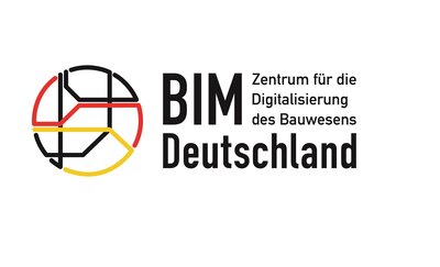Logo von BIM Deutschland: grafische Weltkugel als Netzwerk in schwarz rot gold, rechts daneben Schriftzug " BIM Deutschland. Zentrum für die Digitalisierung des Bauwesens"