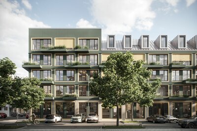 Referenzprojekt der Studie: das Wohn- und Bürogebäude "Vinzent" in München: in Realisierung befindlicher Holzhybridbau mit grünfarbiger, begrünter Fassade