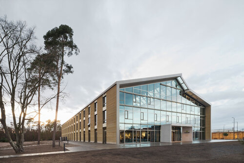 Alnatura Campus von außen:Holzbau mit Glasfassade, einige Kiefern und ein Laubbaum im Vordergrund, im Hintergrund Kiefernwald und weiteres Gewerbes