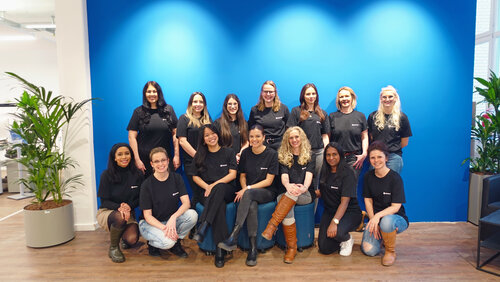 Gruppenbild Mitarbeiterinnen von Klickrent in zwei Reihen sitzend vor blauer Wand