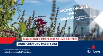 Plakat zum Hamburger Preis für grüne Bauten: Blumen auf einem Dachgarten mit Hochhaus im Hintergrund in Hamburg