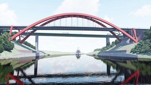 Frontalansicht des Ersatzneubaus der ersten Hochbrücke Levensau
