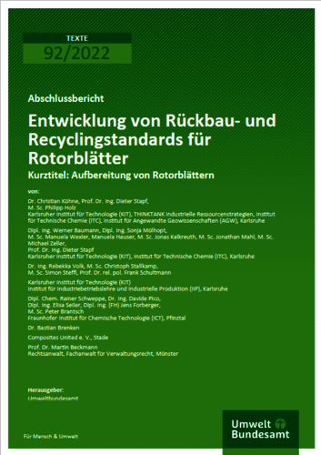Cover: weiße Schrift auf lindgrünem Hintergrund, Titel: Abschlussbericht: Entwicklung von Rückbau- und Recyclingstandards für Rotorblätter Aufbereitung von Rotorblättern