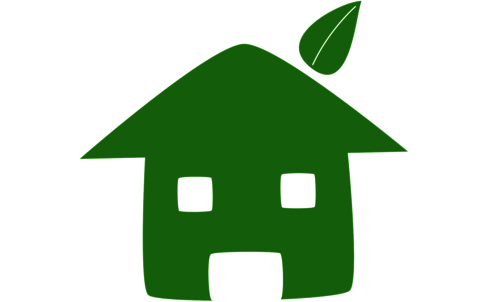 Grafik eines Hauses in grün mit Blatt als Schornstein