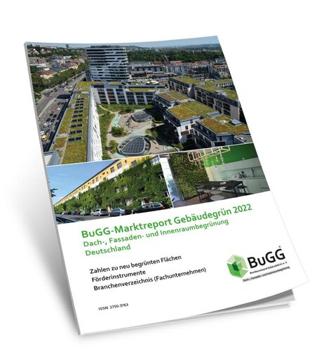 Cover des "BuGG-Marktreport Gebäudegrün 2022" mit Bildern verschiedener Dach- u. Fassadenbegrünungen