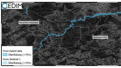 Abschätzung der überfluteten Fläche (> 75 % betroffene Fläche) für den Kreis Ahrweiler, besonders entlang der Ahr. 