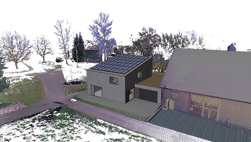Neubau eines Einfamilienhauses in Bolanden: Scan der umgebenden Bebauung und der Vegetation mit Gebäudemodell.