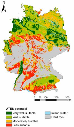 Deutschland-Karte über thermische Aquiferspeicher-Potentiale: Das Norddeutsche Becken, der Oberrheingraben und das Süddeutsche Molassebecken weisen besonders große Potenziale auf