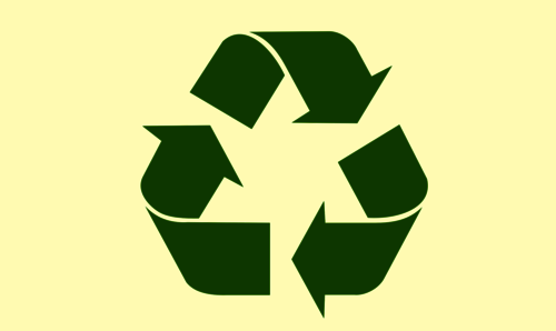 Recyclingfähigkeit-Symbol aus drei Pfeilen im Kreis angeordnet in grün auf Hellgelb