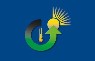 Logo zur Jahrestagung des ForschungsVerbunds Erneuerbare Energien (FVEE): blauer Hintergrund, Thermometer in der Mitte umgeben von dreiviertel-Pfeil, dessen grüne Spitze in den Anschnitt einer Sonne zeigt