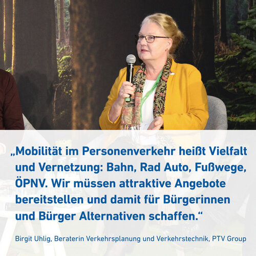 Birgit Uhlig, Beraterin Verkehrsplanung und Verkehrstechnik, PTV Group bei der Podiumsdiskussion "Mobilität der Zukunft" auf der Messe BAU 2023