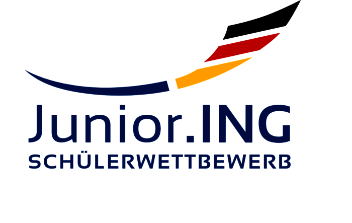 Logo zum Schülerwettbewerb der Ingenieurkammern: blauer Schriftzug, darüber schmaler Halbbogen in schwarz, rot, gold