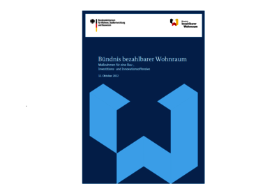 Cover "Maßnahmen für eine Bau-, Investitions- und Innovationsoffensive": blauer Hintergrund, abstraktes W in Hellblau, Titel in weißer Schrift