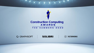Leinwand bei den Construction Computing Awards mit Aufschrift und Logo des Awards