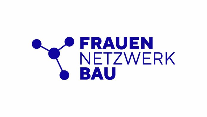 Logo FrauenNetzwerk-Bau: Schrift in Blau und Symbol mit schematischer Netzwerkdarstellung