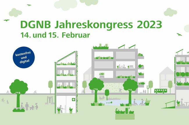 Grafik zum DGNB Jahreskongress 2023 in grün, grau, weiß: Querschnitt durch städtische Wohnlandschaft mit Gebäuden, Verkehr und Grünbereich