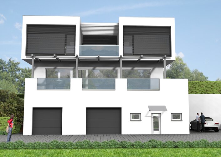 : Ausführbarer dreigeschossiger Bau mit dem System von „The Future House“.