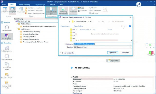 Screenshot Export Diagnose csv-Datei Orca Software 