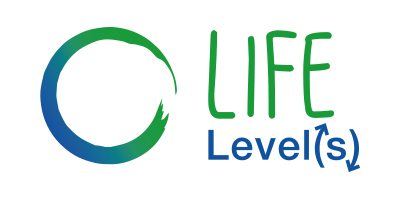 Logo Projekt LIFE Level(s): auf weißem Hintergrund grünblauer fastgeschlossener Kreis und Worte "life level(s)" in Grün