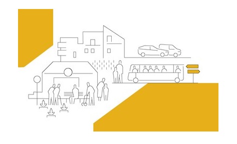 Grafik zur Baukulturwerkstatt "Mobilität und Raum": s/w-Zeihnung einer eindimensionalen Stadtzenerie mit Häusern, Menschen, Bus und Auto