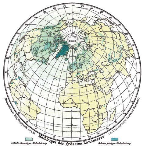 Die Nördliche Polkappe mit den Eisgrenzen der letzten Eiszeit um 1900.