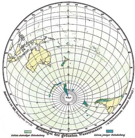 Die Südliche Polkappe mit den Eisgrenzen am 40. Breitengrad und dem noch vereisten Südamerika und Neuseeland um 1900.