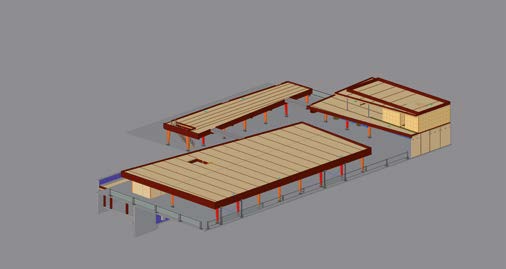 Die 3D-CAD-Isometrie zeigt den Holz-Rohbau der aufgeständerten Plattformen. Nur die Insel für den „Meeting Point“ erhielt einen zusätzlichen Aufbau für den öffentlichen Besprechungsraum.