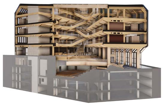 Modellschnitt durch die beiden Gebäudeflügel mit zentraler Treppenanlage und dreigeschossiger unterirdischer Stahlbeton-Konstruktion