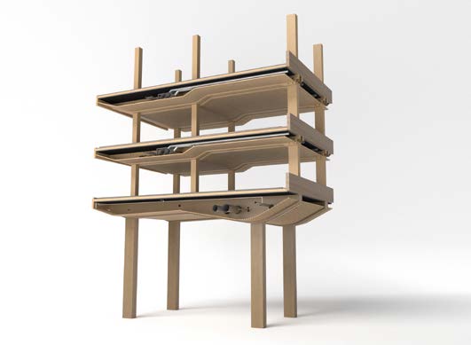 3D-Modell-Ausschnitt des Holzskeletts mit Brüstungsträgern und eingebauten Installationen über den Deckenbekleidungen.