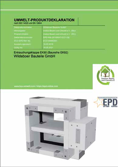 Neben der EPD zeichnet sich die CE-zertifizierte Baureihe „EK92“ der Entrauchungsklappe „EK90“ von Wildeboer durch ihre Wartungsfreiheit sowie ihren Beitrag zur Energieeffizienz aus.