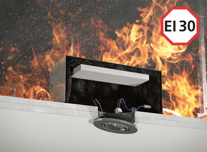 Das FlamoX-Brandschutzgehäuse sichert bei Elektroinstallationen in Brandschutzdecken die Feuerwiderstandsklasse F30 (EI30).