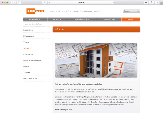 Die Unipor-Gruppe bietet in Kooperation mit der Arbeitsgemeinschaft Mauerziegel eine Bauphysik-Software an.